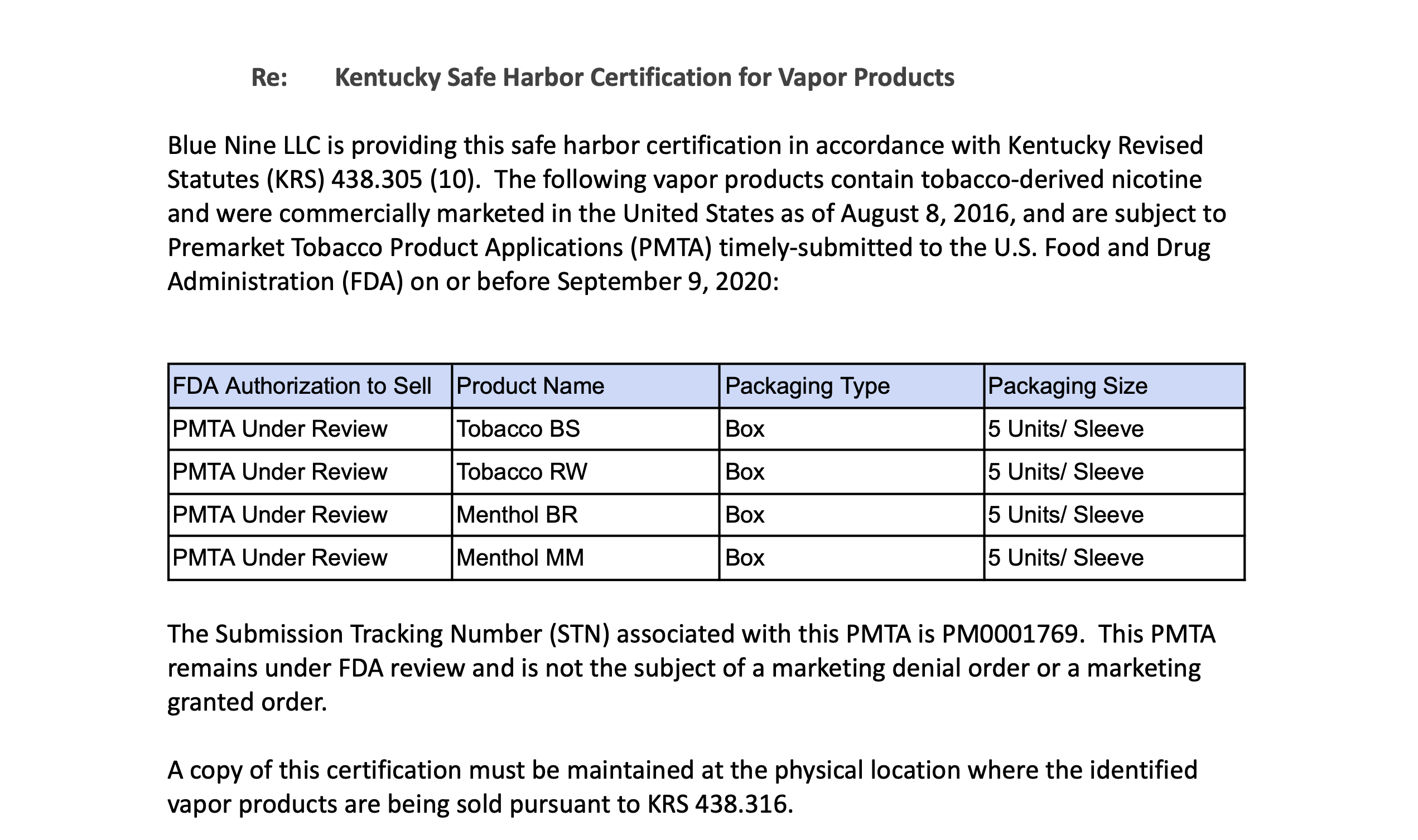 Kentucky PMTA registry approval