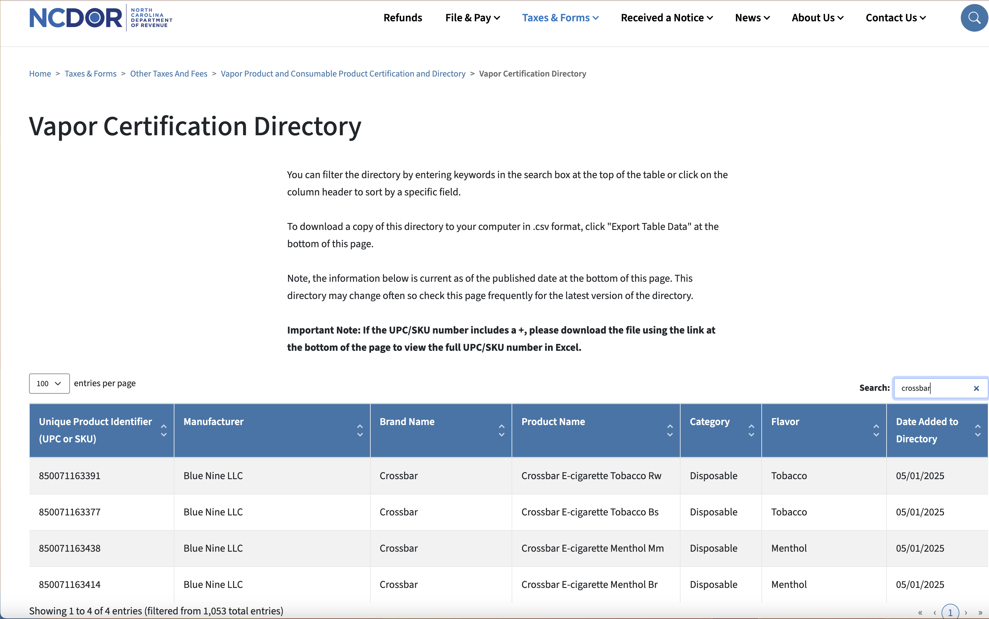 North Carolina PMTA registry approval