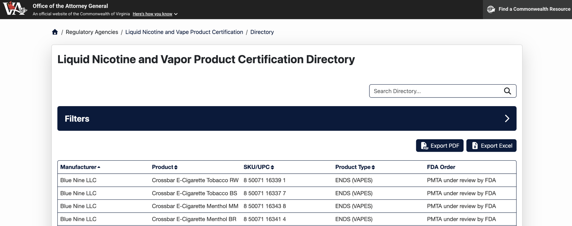 Virginia PMTA registry approval