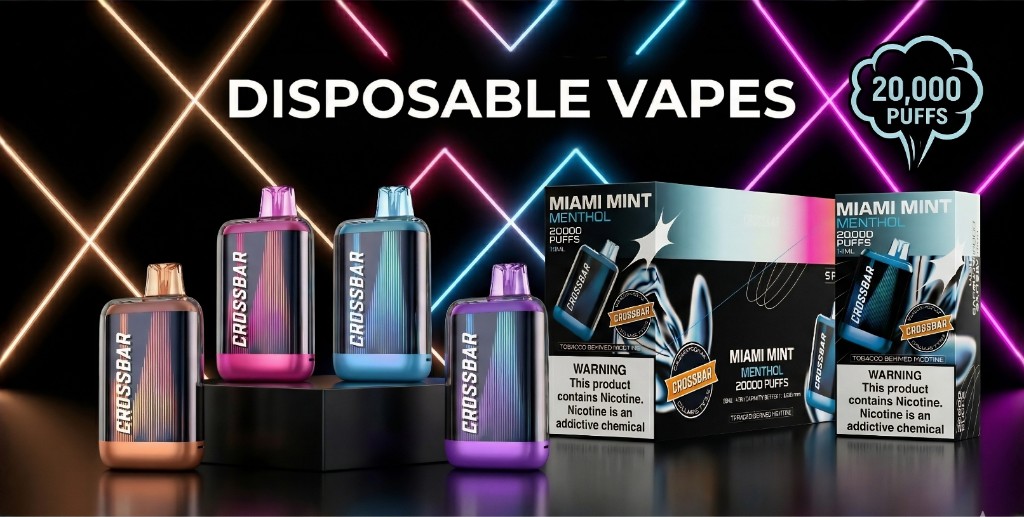 Crossbar disposable vapes — Disposable Vapes headline, Miami Mint packaging, multicolor devices and neon lighting